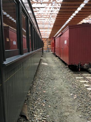 restored passenger and freight cars at Wiscasset Railroad in Maine