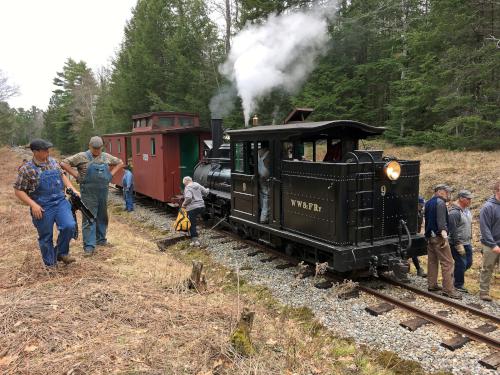 Engine Number 9 unloading worker volunteers at Wiscasset Railroad in Maine