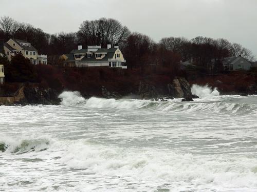 high surf on a wet and stormy day at Harbor Beach at York Harbor in southern Maine