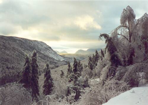 winter view of Zealand Notch from AMC Zealand Falls Hut in New Hampshire