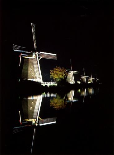 night view of Dutch windmills in Holland in April 1996