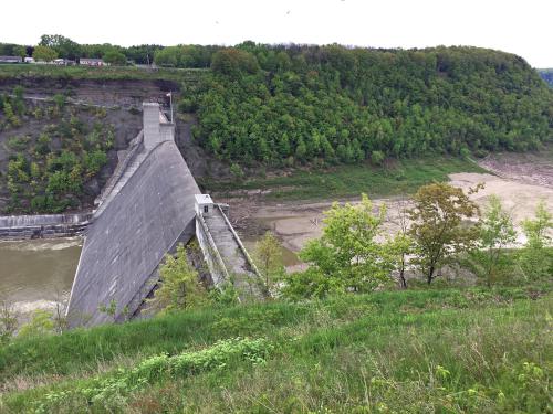 Mt. Morris Dam, a dry dam intended to occasionally hold back water, at Letchworth State Park in New York