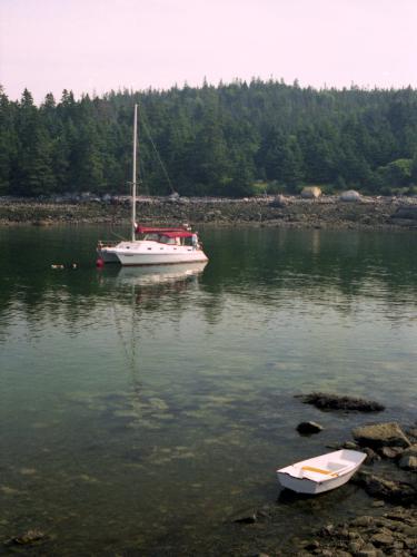 sailboat moored on a trip along the coast of Maine in July 1997