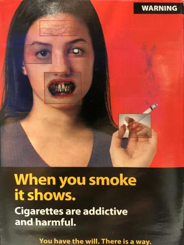 anti-smoking image on a cigarette carton at Montreal, Canada