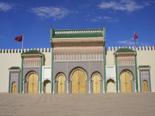 ornate building facade in October 2002 near Fes, Morocco