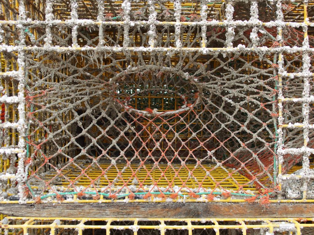 lobster trap that looks like geometric modern art on the dock at Newport in Rhode Island