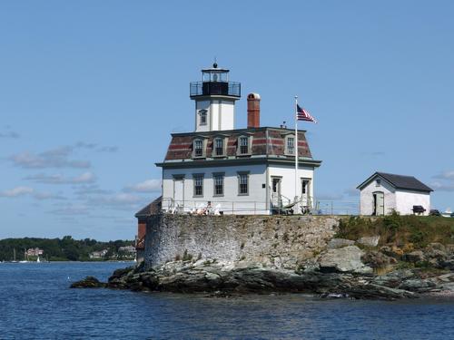 Rose Island lighthouse in the middle of Narragansett Bay in Rhode Island