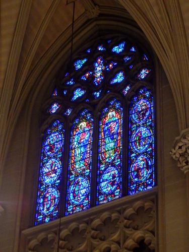 blue stained glass window of St. Patrick's Cathedral in New York City