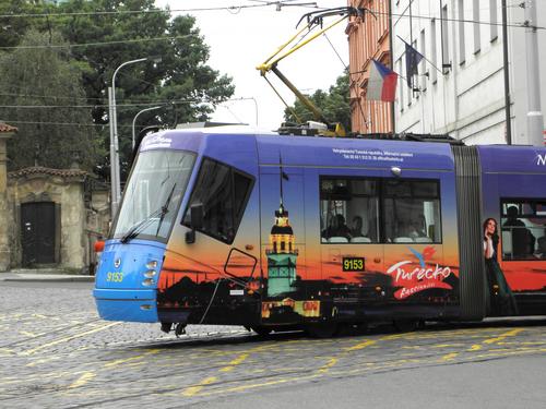 modern tram on the streets of Prague in the Czech Republic
