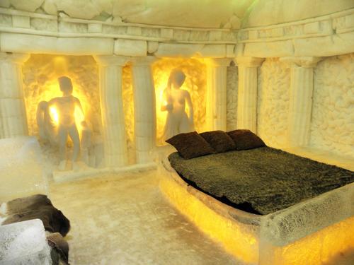 one of 36 guest bedrooms at the Ice Hotel in Quebec City, Canada