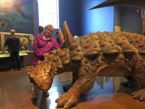 Andee finds a pet (Ankylosaur) at the Natural History Museum in San Diego, California