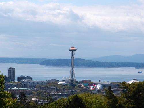 view of the Space Needle from the Water Tower Observation Deck in Volunteer Park at Seattle in Washington