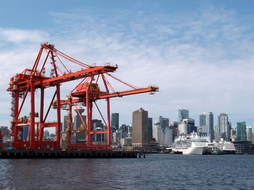 shipping-dock cranes in Vancouver's harbor at British Columbia in Canada