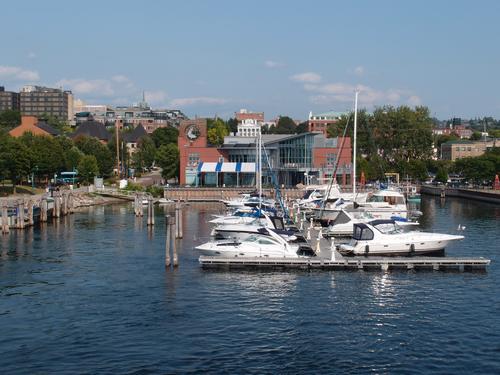 view from the Ethan Allen III cruise boat of the waterfront at Burlington in Vermont