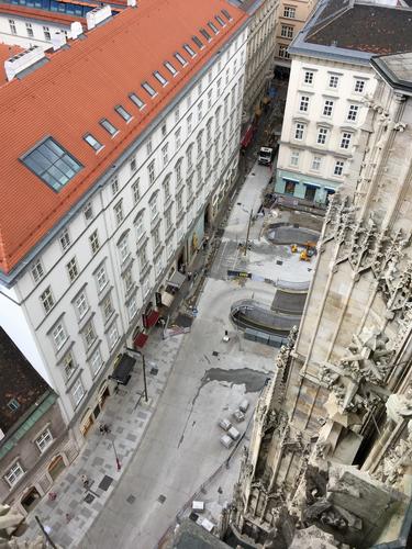 view down from the top of St Stephen's Cathedral in Vienna, Austria