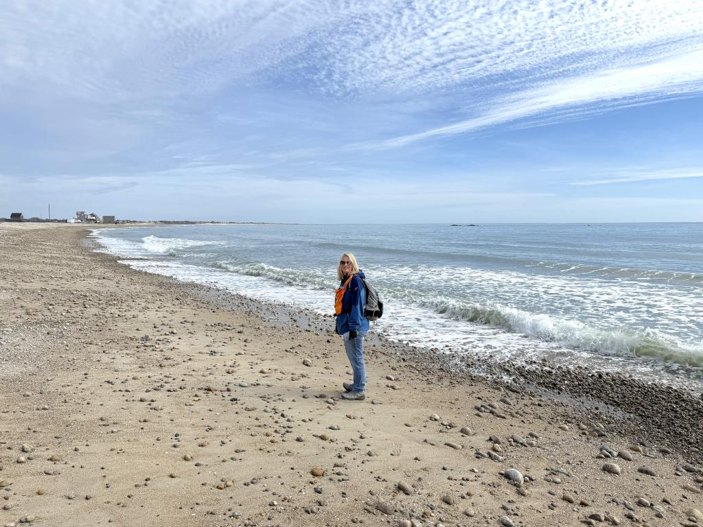 Gwen on the beach of Buzzards Bay in February at Allens Pond Wildlife Sanctuary in southeast MA