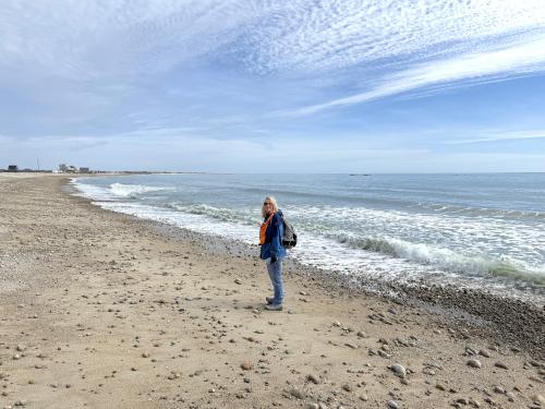 Gwen on the beach of Buzzards Bay in February at Allens Pond Wildlife Sanctuary in southeast MA