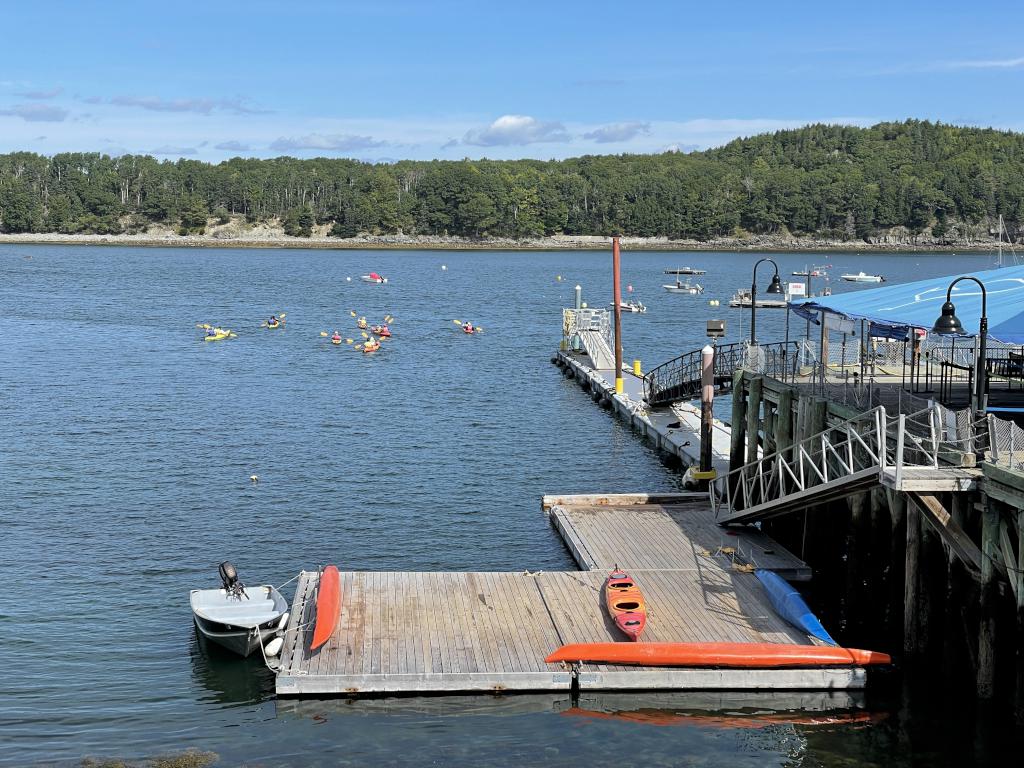 kayakers in September in front of Bar Island near Acadia National Park in Maine