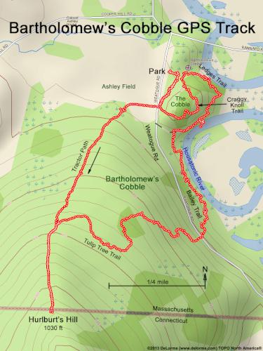 GPS track in July at Bartholomew's Cobble in southwestern Massachusetts