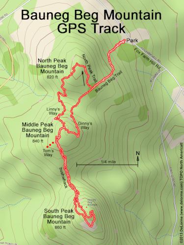 GPS track in August at Bauneg Beg Mountain in southwest Maine