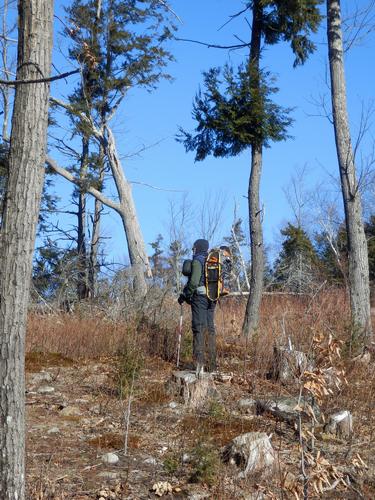 hiker near the summit of Blake Mountain in New Hampshire