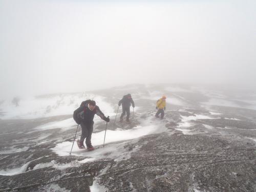 hikers nearing the foggy summit of Mount Cardigan in New Hampshire