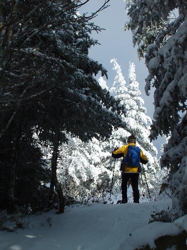 a hiker reaches the summit clearing on Mount Martha in New Hampshire