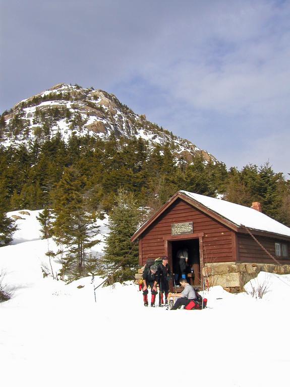 January hikers at Jim Liberty Cabin on the shoulder of Mount Chocorua in New Hampshire