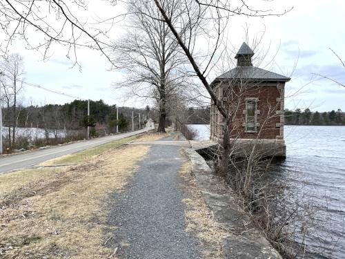 footbath in March across the Brockton Reservoir dam at D. W. Field Park in eastern Massachusetts