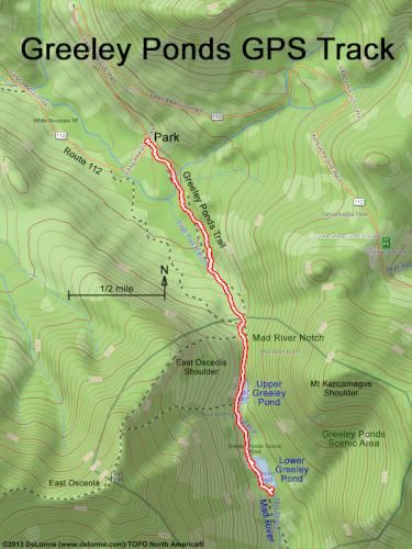 GPS track at Greeley Ponds near Lincoln in central New Hampshire