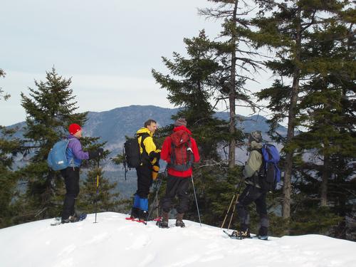 hikers at an outlook on the trail to Hedgehog Mountain in New Hampshire