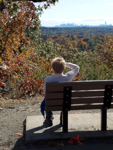 Andee views the Boston skyline from the trail to Horn Pond Mountain near Woburn in eastern Massachusetts