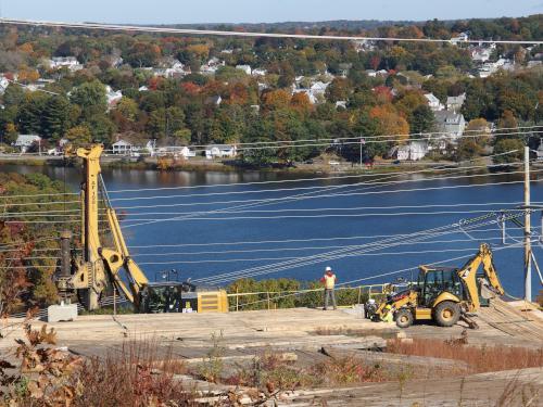 construction workers in October 2019 at Horn Pond Mountain near Woburn in eastern Massachusetts