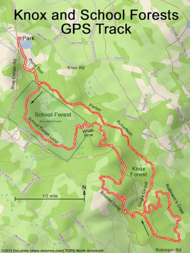 GPS track in December at Knox and School Forests near Bow in southern New Hampshire