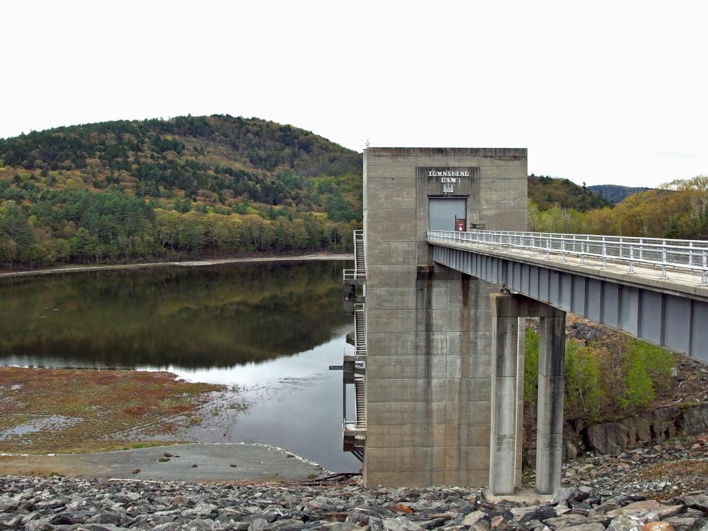 Ledges Overlook across Townshend Lake beyond the dam control tower in southern Vermont