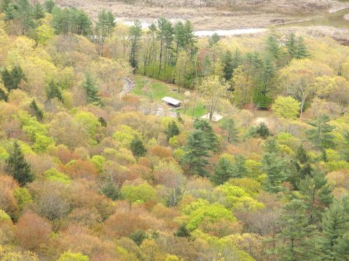 picnic area and spring pastel forest as seen from Ledges Overlook near Townshend in southern Vermont