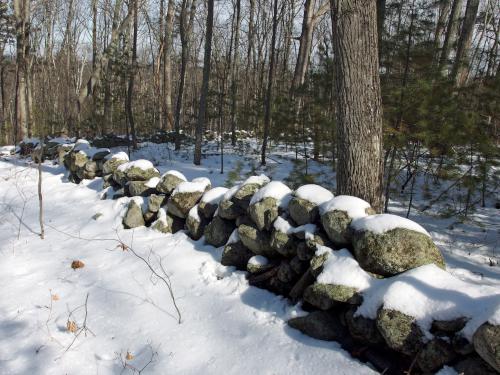 stone wall in February at the summit of Marble Hill near Stow in northeastern Massachusetts