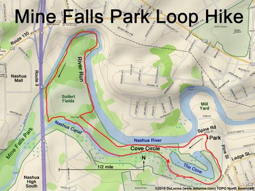 GPS track around River Run and Cove Circle within Mine Falls Park at Nashua in New Hampshire