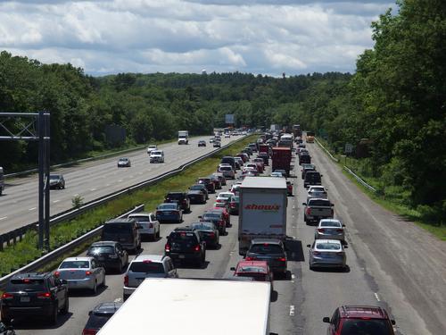 traffic jam on Route 95 beneath the Minuteman Bikeway bridge between Bedford and Lexington in Massachusetts