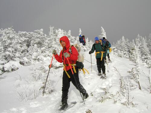 snowshoeing down Mount Moriah in New Hampshire