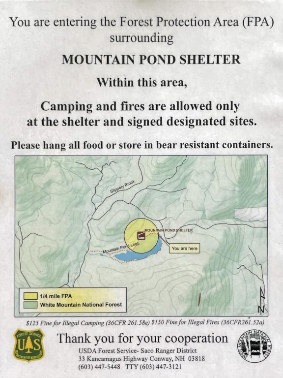 shelter map on a tree beside the Mountain Pond Loop trail in New Hampshire