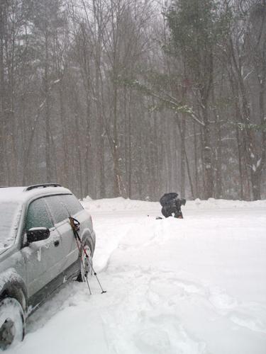 hiker at the trailhead to North Pack Monadnock Mountain in New Hampshire