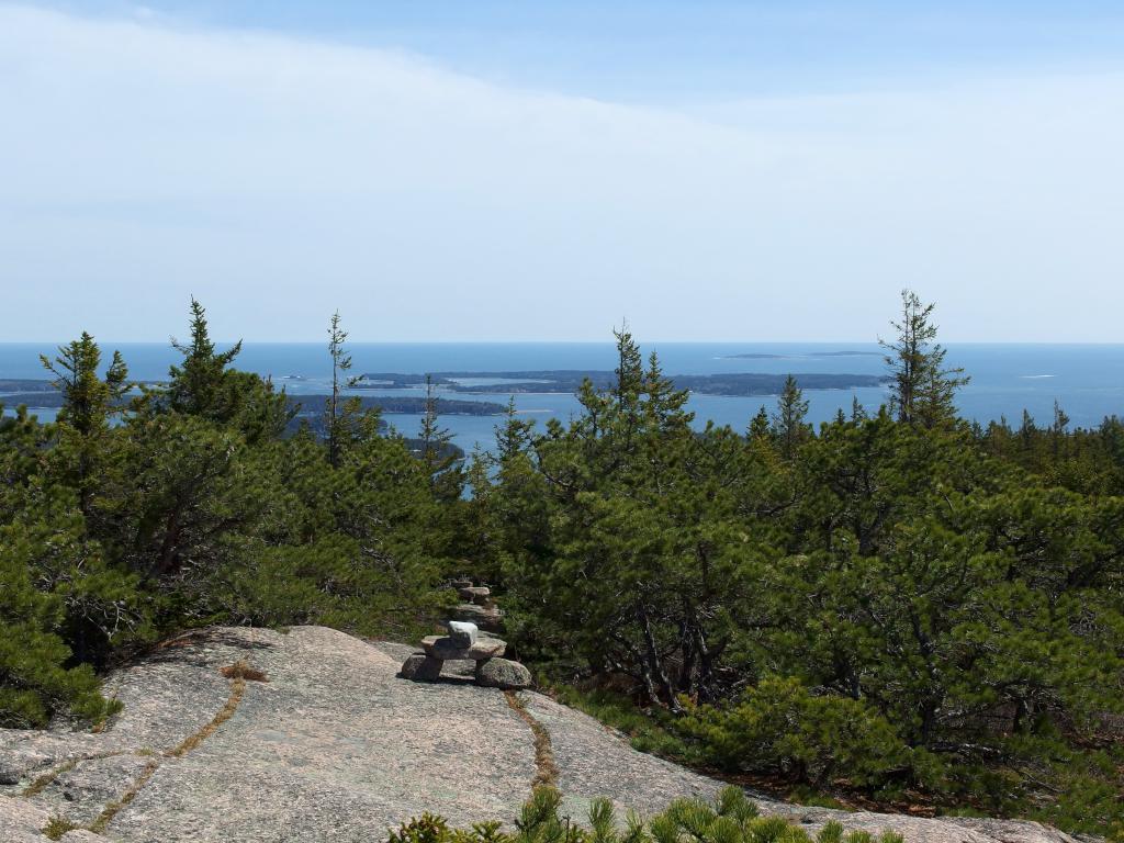 view of the Atlantic Ocean from Norumbega Mountain at Acadia National Park in Maine