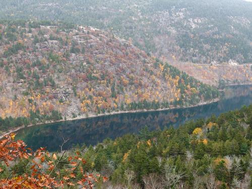 view of South Bubble and Jordan Pond from Sargent Mountain within Acadia Park in coastal Maine