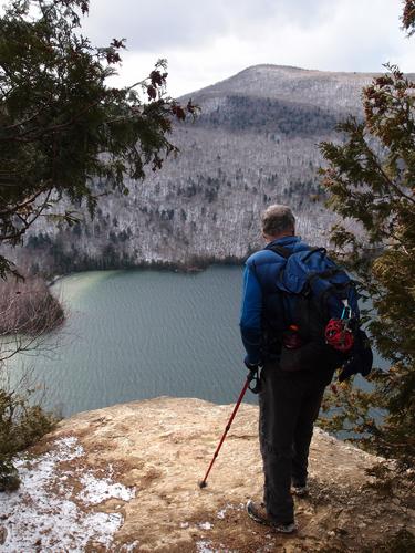 hiker at the overlook on the South Trail to Mount Pisgah in Vermont