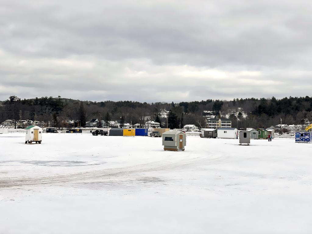 ice fishing in February at Meredith Bay near Proctor Wildlife Sanctuary in central New Hampshire