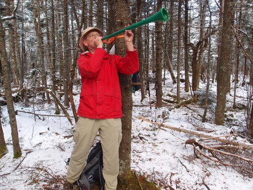 bushwhacker on the summit of Salt Ash Mountain in Vermont