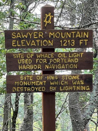 summit sign on Sawyer Mountain near Limington in southwest Maine
