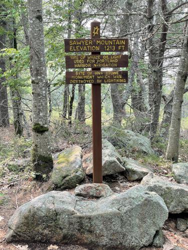 summit sign on Sawyer Mountain near Limington in southwest Maine