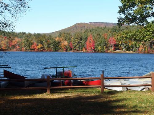 Boy Scout canoes on the waterfront of Lake Eileen near Lake Winnipesaukee in New Hampshire